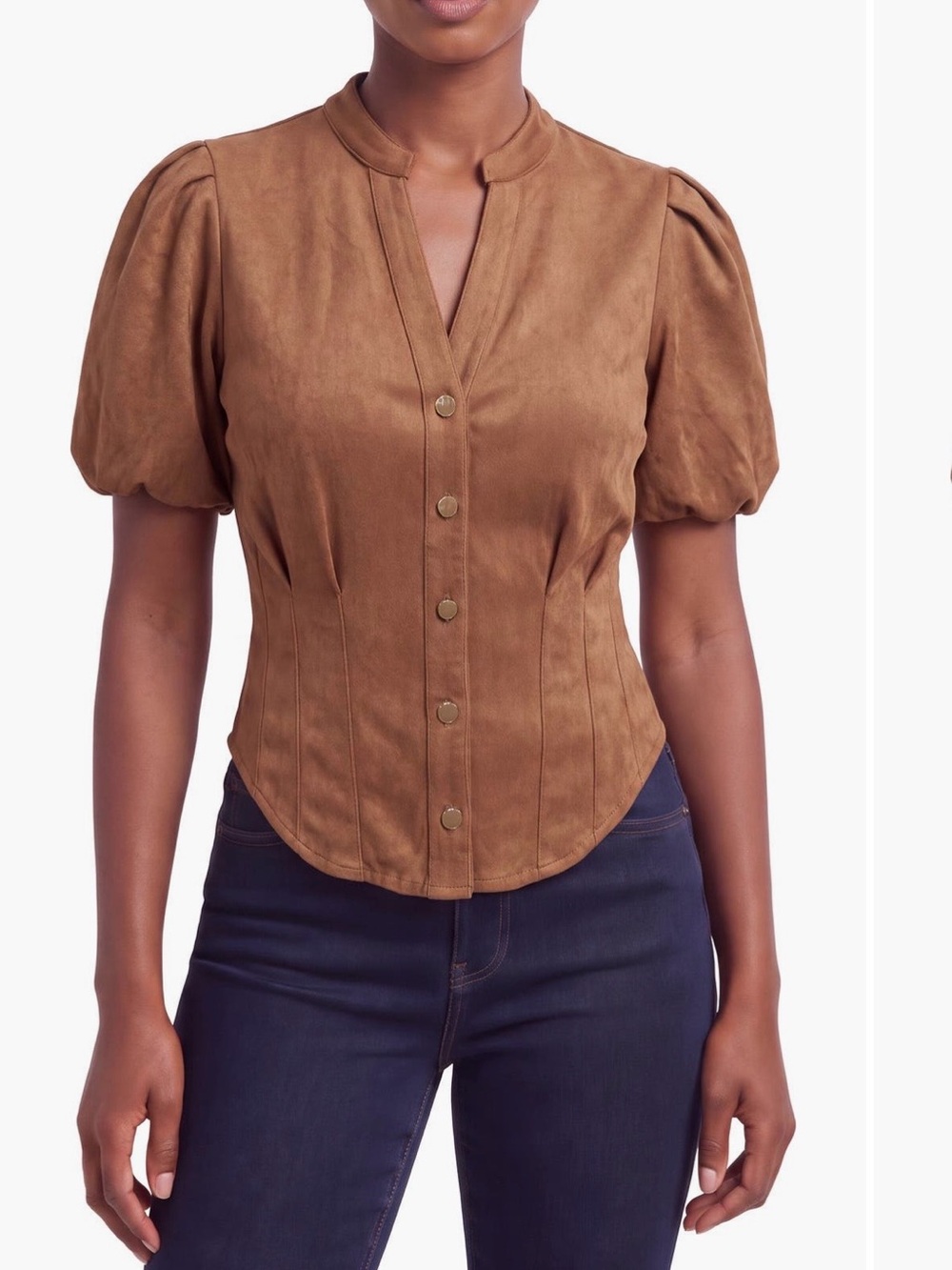 bagatelle Rust Button-Front Puff Sleeve Blouse - Picture 2 of 5